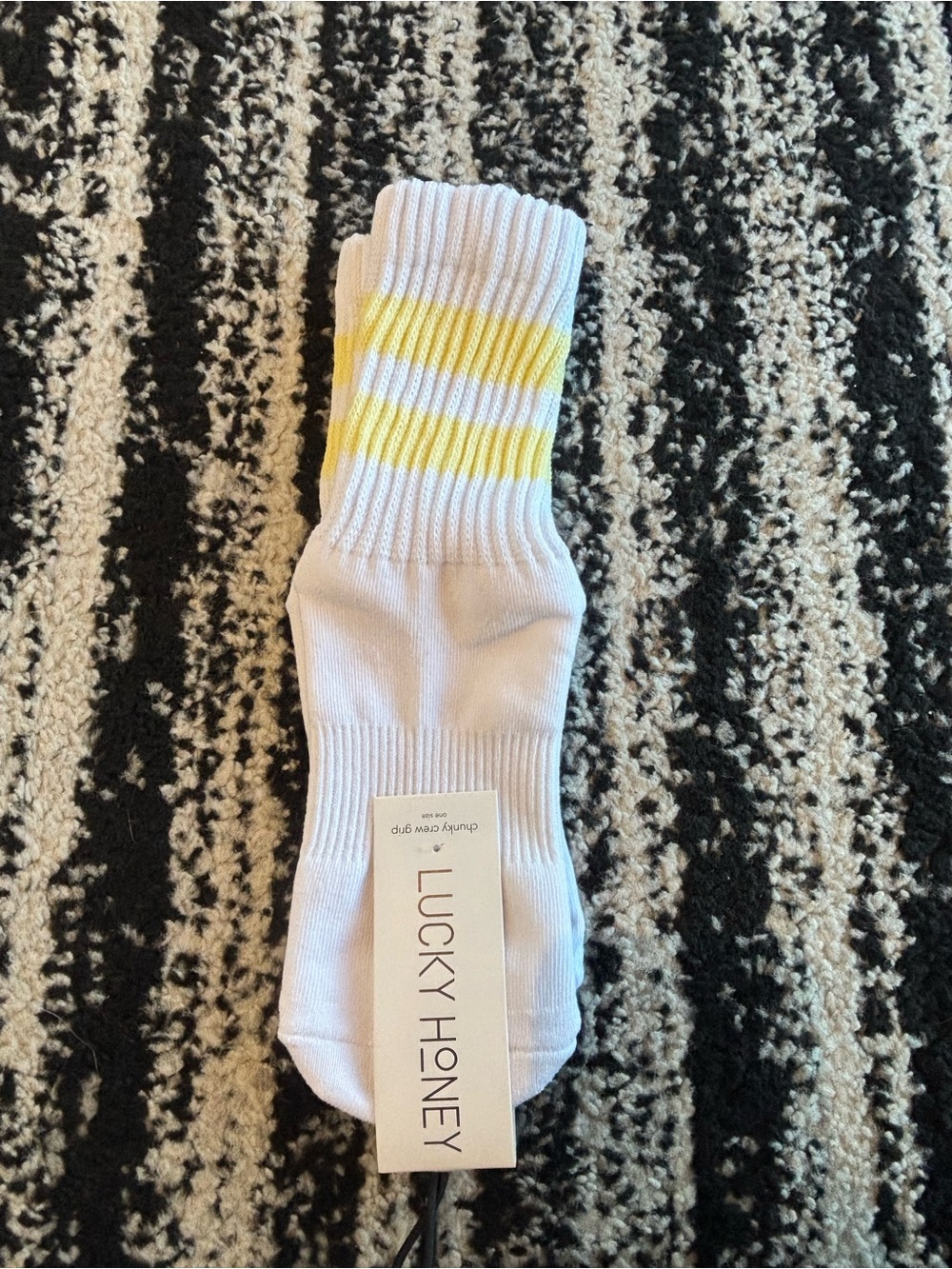 Lucky Honey White Crew Grip Socks with Yellow Stripes